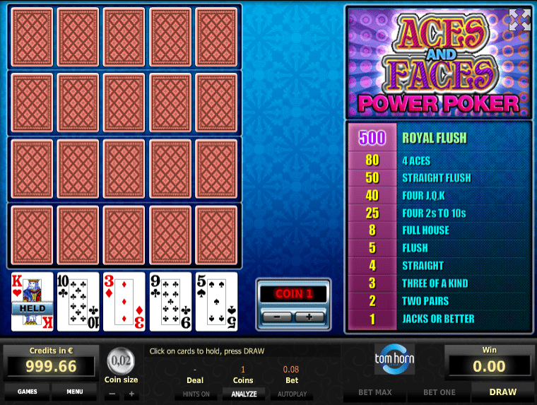Free Videopoker Aces and Faces 4H Online